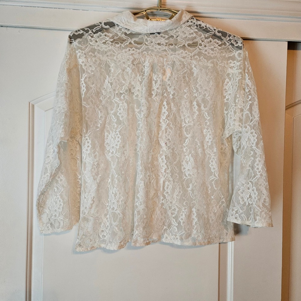 Vintage White Sheer Floral Lace Button Down Large Shirt Top Wedding Delicate - Picture 2 of 11